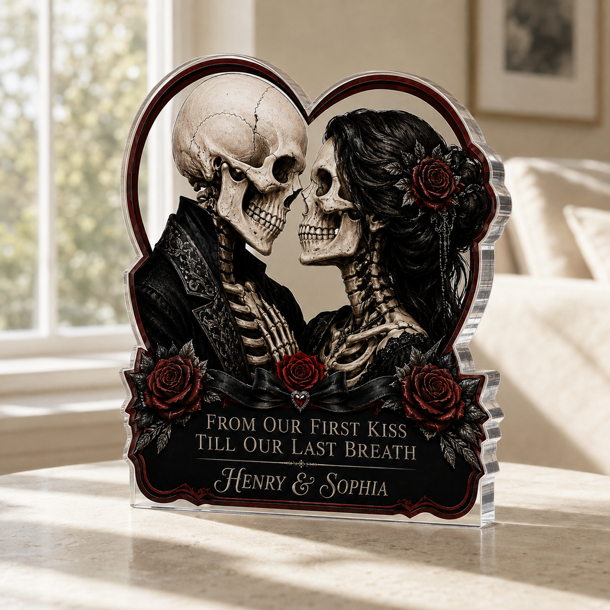 Personalized Gothic Skeleton Couple Acrylic Plaque – Dark Romance Anniversary Gift