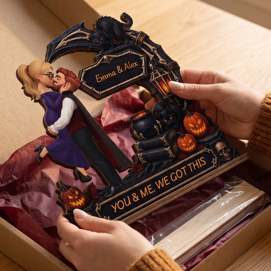 Personalized 2-Layer Halloween Couple Wooden Plaque, Custom Names and Quote