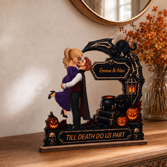 Personalized 2-Layer Halloween Couple Wooden Plaque, Custom Names and Quote