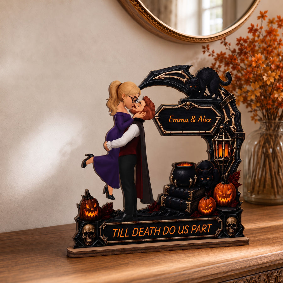 Personalized 2-Layer Halloween Couple Wooden Plaque, Custom Names and Quote