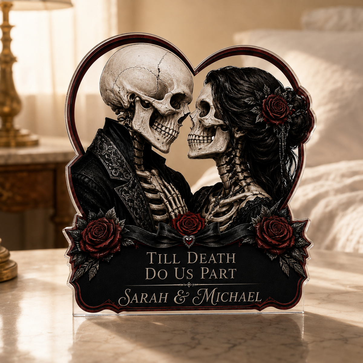 Personalized Gothic Skeleton Couple Acrylic Plaque – Dark Romance Anniversary Gift
