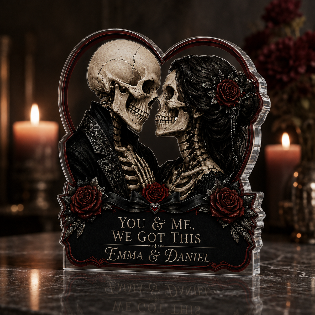 Personalized Gothic Skeleton Couple Acrylic Plaque – Dark Romance Anniversary Gift
