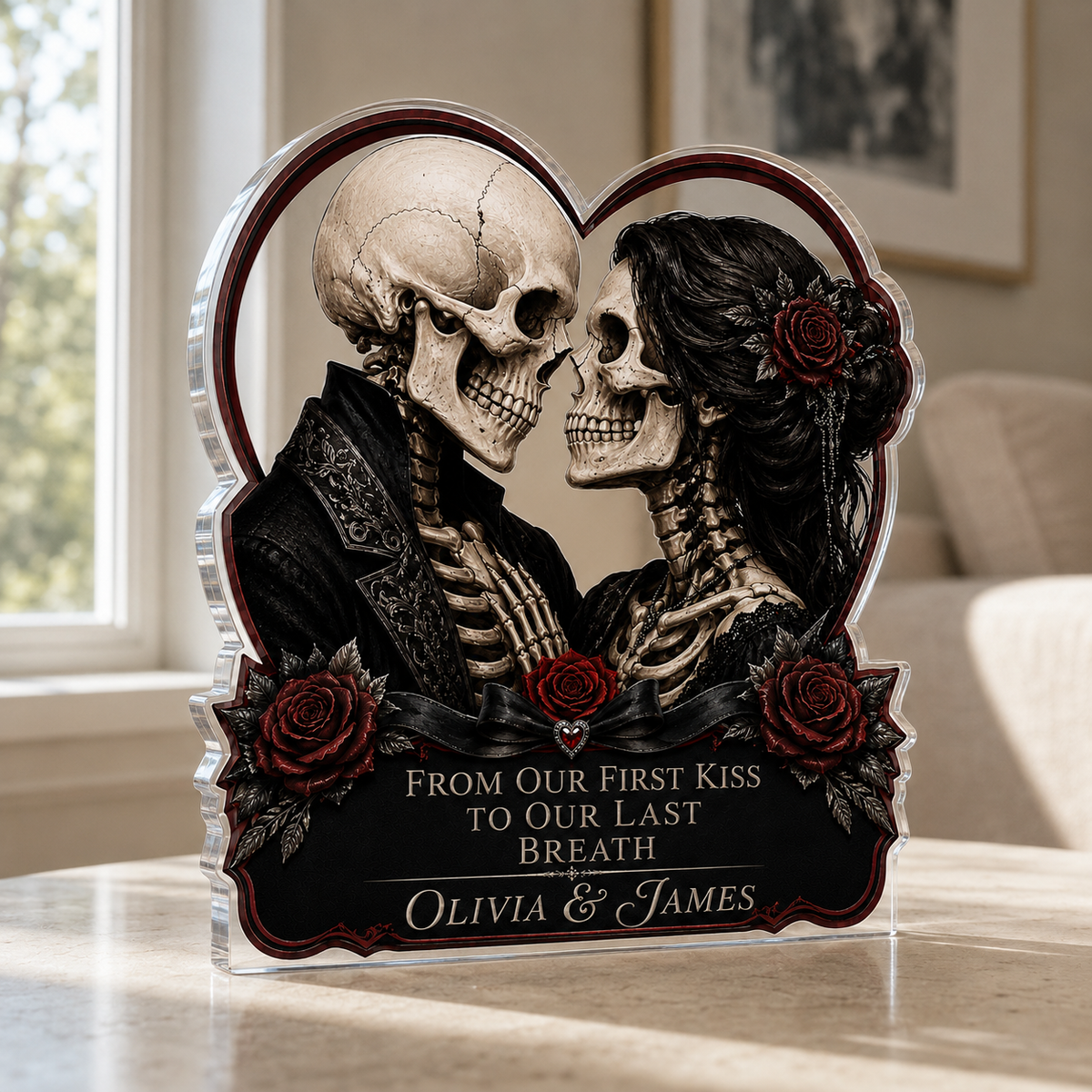 Personalized Gothic Skeleton Couple Acrylic Plaque – Dark Romance Anniversary Gift
