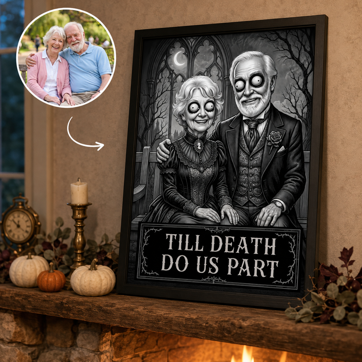 Personalized Gothic Couple Poster from Photo, Halloween Anniversary Gift, Till Death Do Us Part